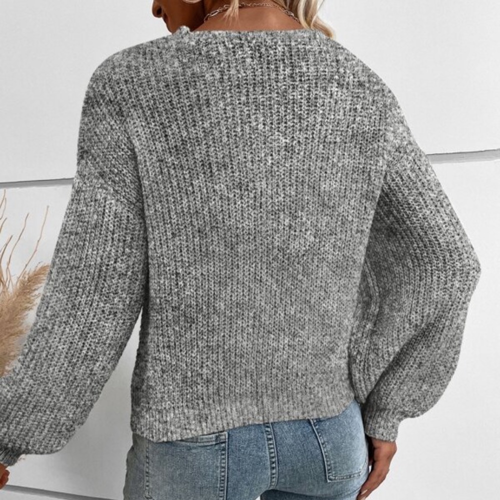 SOLD OUT Gray Cross Wrap Style Knit Long Sleeve Marled Pullover Sweater - Picture 3 of 3